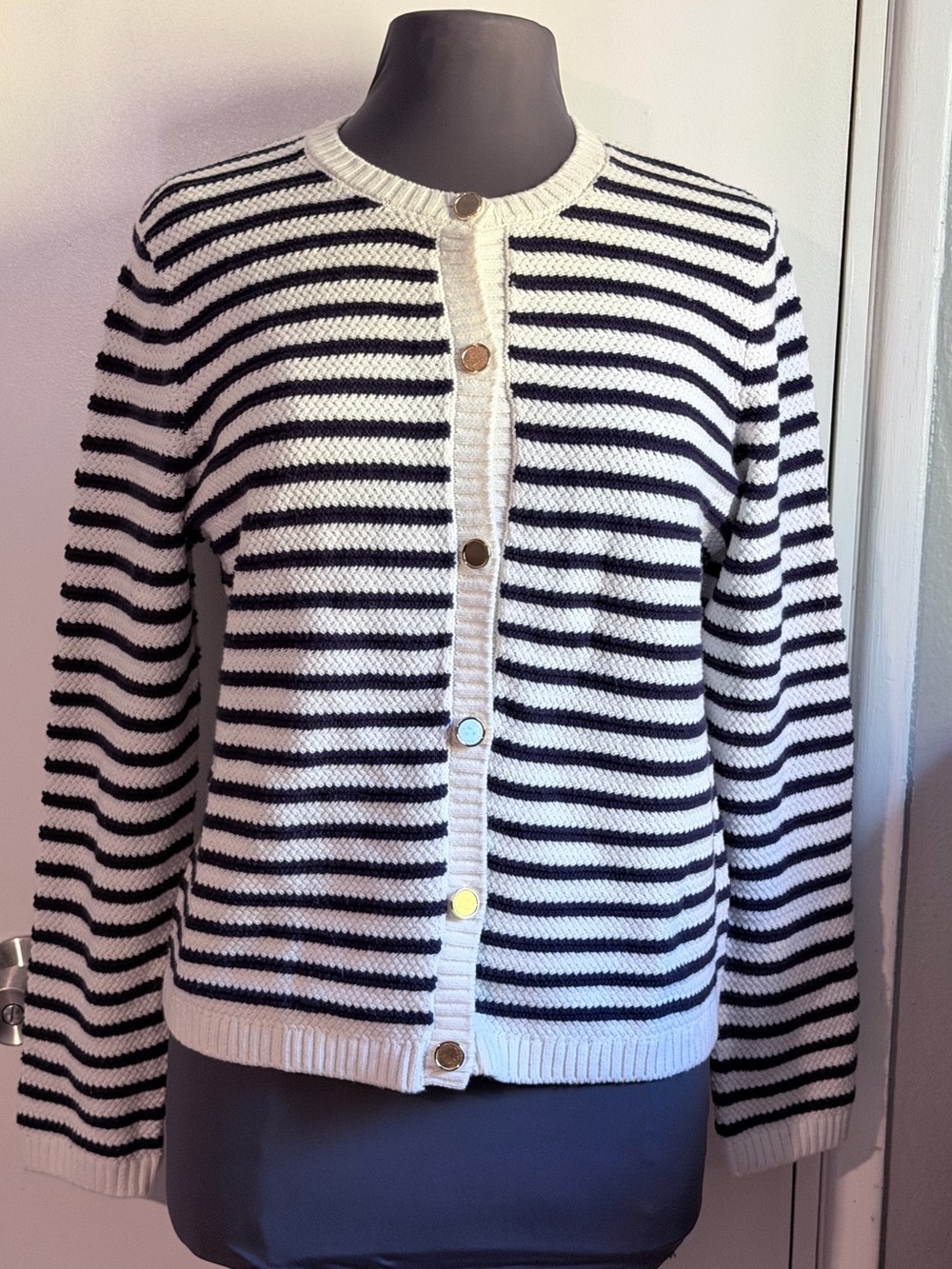 Nine West Striped Cropped Cardigan Sweater Size L Gold Buttons Navy White Ribbed